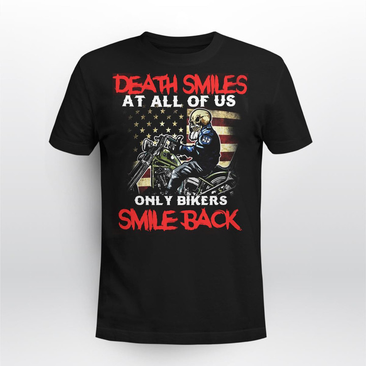Zedbubble Death Smiles At All Of Us Only Bikers Smile Back Funny Biker T-Shirt Hoodie Sweatshirt Mug