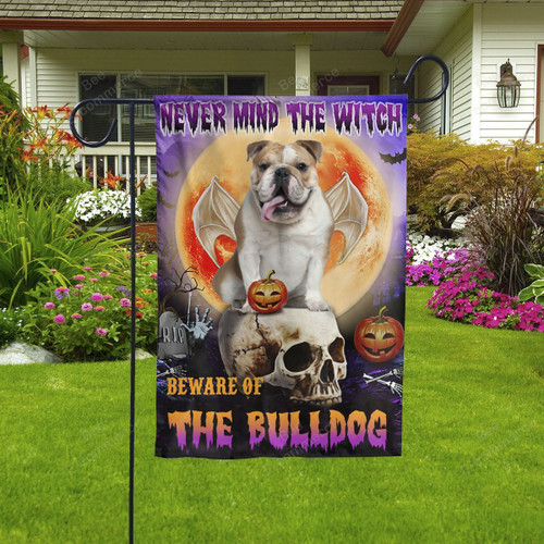 Never Mind The Witch Beware Of The Bulldog Halloween Flag Decor House Garden