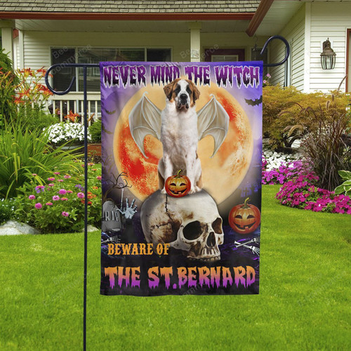 Never Mind The Witch Beware Of The St Bernard Halloween Flag Decor House Garden