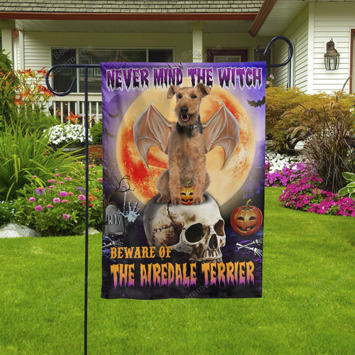 Never Mind The Witch Beware Of The Airedale Terrier Halloween Flag Decor House Garden