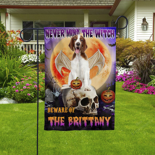 Never Mind The Witch Beware Of The Brittany Spaniel Halloween Flag Decor House Garden