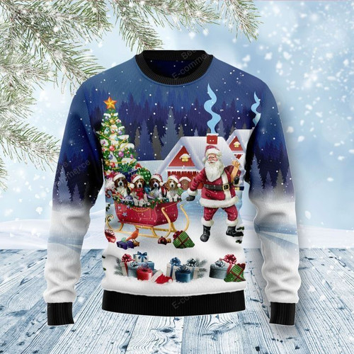 Santa Claus With Lovely Beagle Dog Family In Sleigh Gift For Christmas Ugly Christmas Sweater