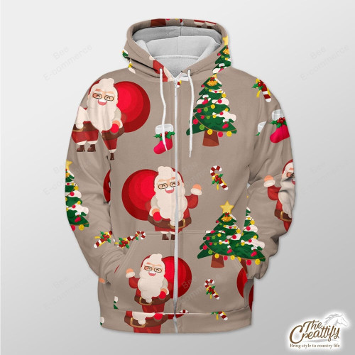 Brown Background With Santa Clause, Xmas Tree And Candy Cane Outerwear Christmas Gift Hoodie Zip Hoodie