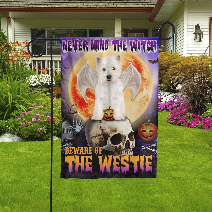 Never Mind The Witch Beware Of The Westie West Highland White Terrier Halloween Flag Decor House Garden