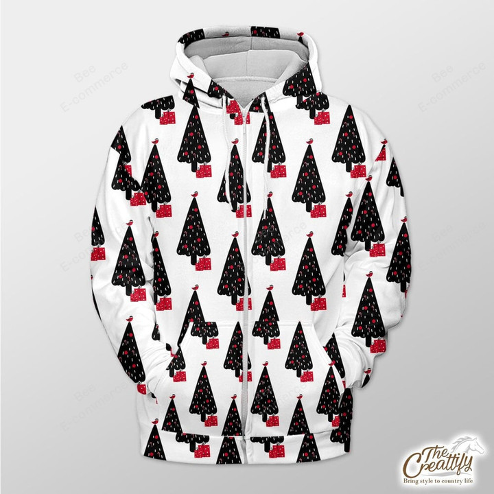 Seamless White Pattern With Xmas Gift And Pine Tree Outerwear Christmas Gift Hoodie Zip Hoodie