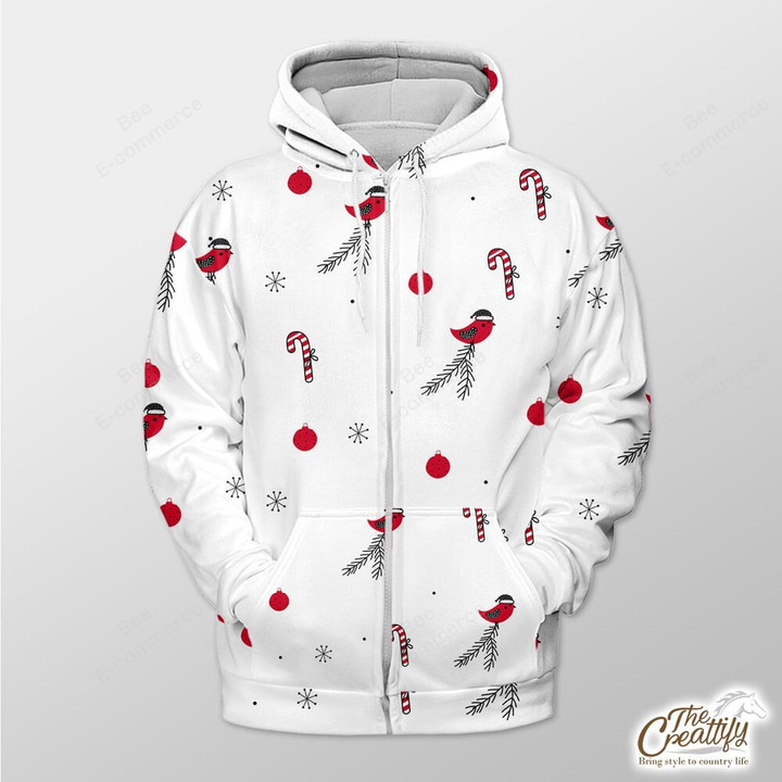 Seamless White Pattern With Cardinal Bird, Candy Canes And Balls Outerwear Christmas Gift Hoodie Zip Hoodie
