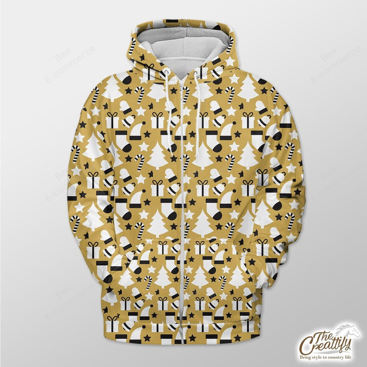Gold Background With Xmas Tree, Candy Cane Outerwear Christmas Gift Hoodie Zip Hoodie