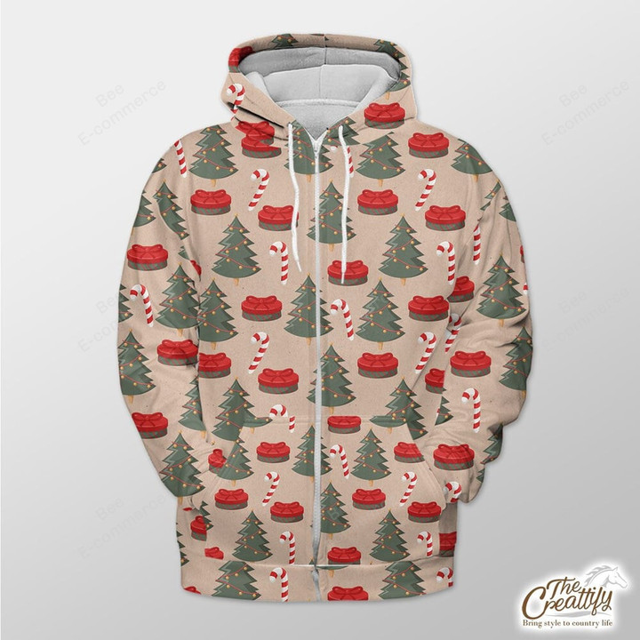 Xmas Tree, Candy Cane And Gift Outerwear Christmas Gift Hoodie Zip Hoodie
