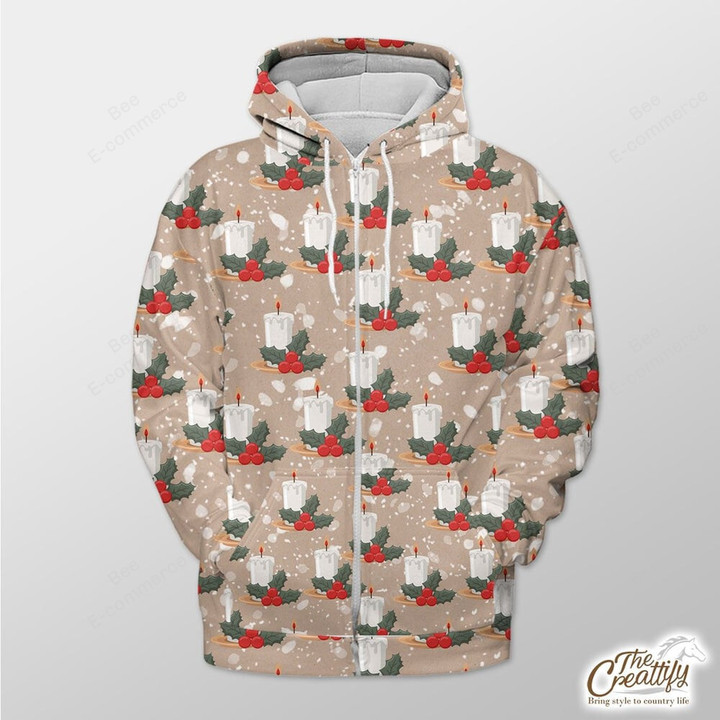 Snowflake Background With Xmas Candle And Holly Leaf Outerwear Christmas Gift Hoodie Zip Hoodie