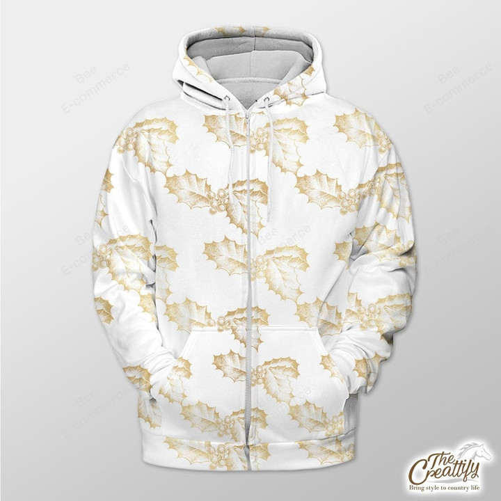 White Background Zip Hoodie With Gold Holly Leaf Outerwear Christmas Gift Hoodie Zip Hoodie