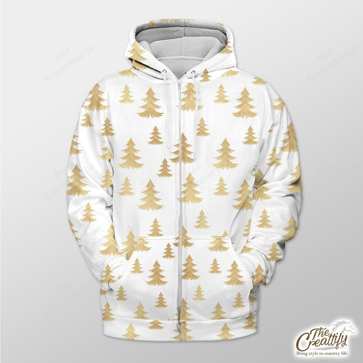White Background With Gold Xmas Tree Outerwear Christmas Gift Hoodie Zip Hoodie