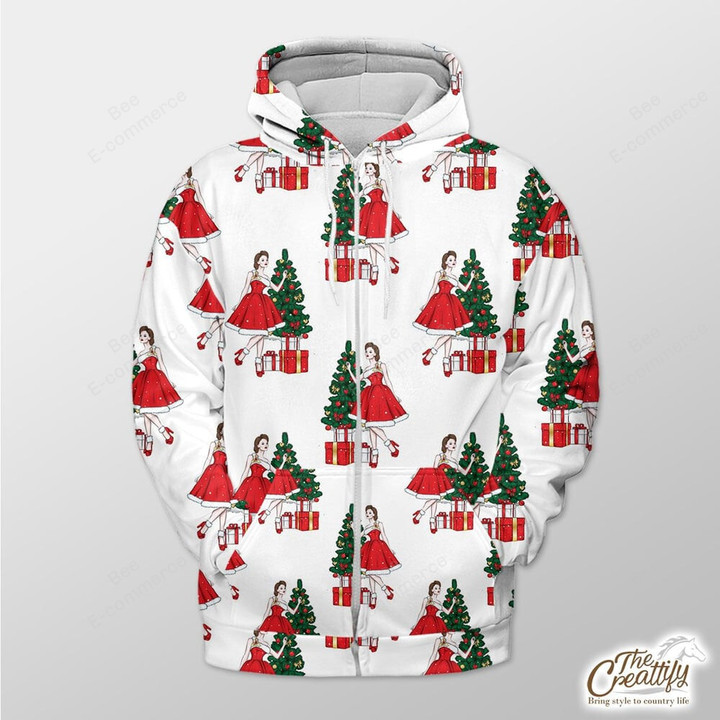 White Background With Beautiful Girl And Xmas Tree Outerwear Christmas Gift Hoodie Zip Hoodie