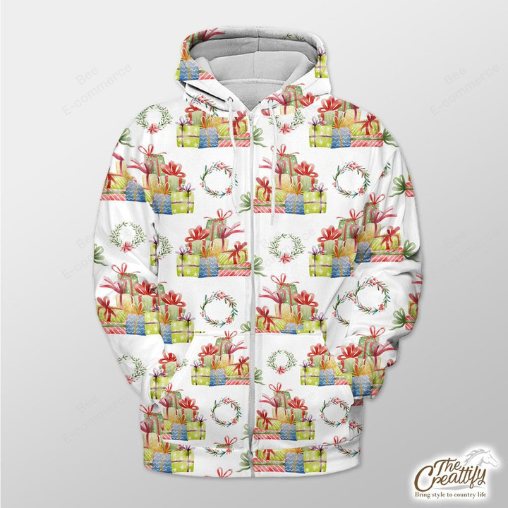 White Background With Xmas Wreath And Gift Outerwear Christmas Gift Hoodie Zip Hoodie