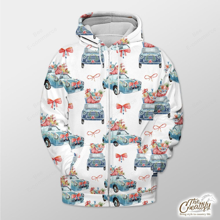 White Background With Xmas Bow And Car Outerwear Christmas Gift Hoodie Zip Hoodie
