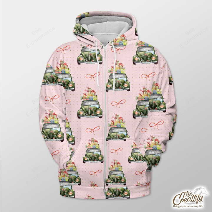 Pink Background With Xmas Bow And Car Outerwear Christmas Gift Hoodie Zip Hoodie
