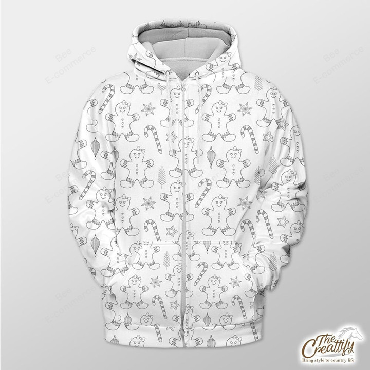 White Background With Gingerbread Man, Candy Cane And Snowflake Outerwear Christmas Gift Hoodie Zip Hoodie
