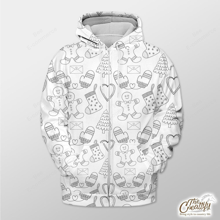White Background With Xmas Tree And Gingerbread Man Outerwear Christmas Gift Hoodie Zip Hoodie