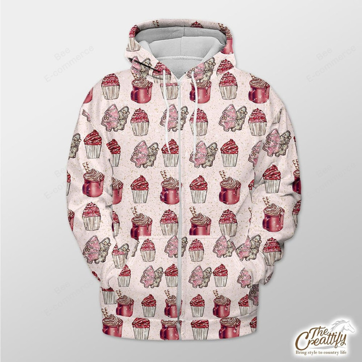 Pastel Pink Background With Cupcake And Gingerbread Xmas Tree Outerwear Christmas Gift Hoodie Zip Hoodie