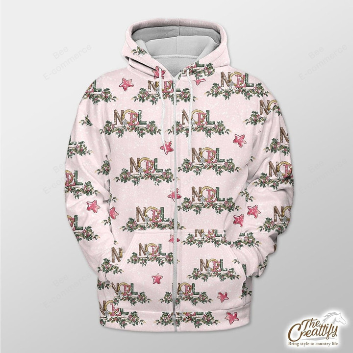 Snowflake Background With Xmas Star And Noel Pink Holly Branch Outerwear Christmas Gift Hoodie Zip Hoodie