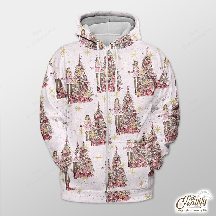 Snowflake Background With Beautiful Girl And Xmas Tree Outerwear Christmas Gift Hoodie Zip Hoodie