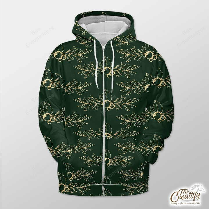 Green Background With Gold Holly Branch Outerwear Christmas Gift Hoodie Zip Hoodie