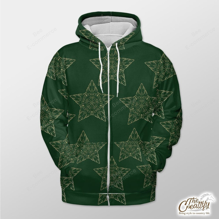 Green Background With Gold Xmas Star Outerwear Christmas Gift Hoodie Zip Hoodie
