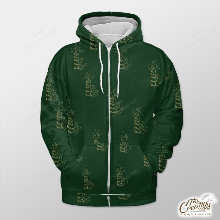Green Background With Gold Xmas Candle Outerwear Christmas Gift Hoodie Zip Hoodie