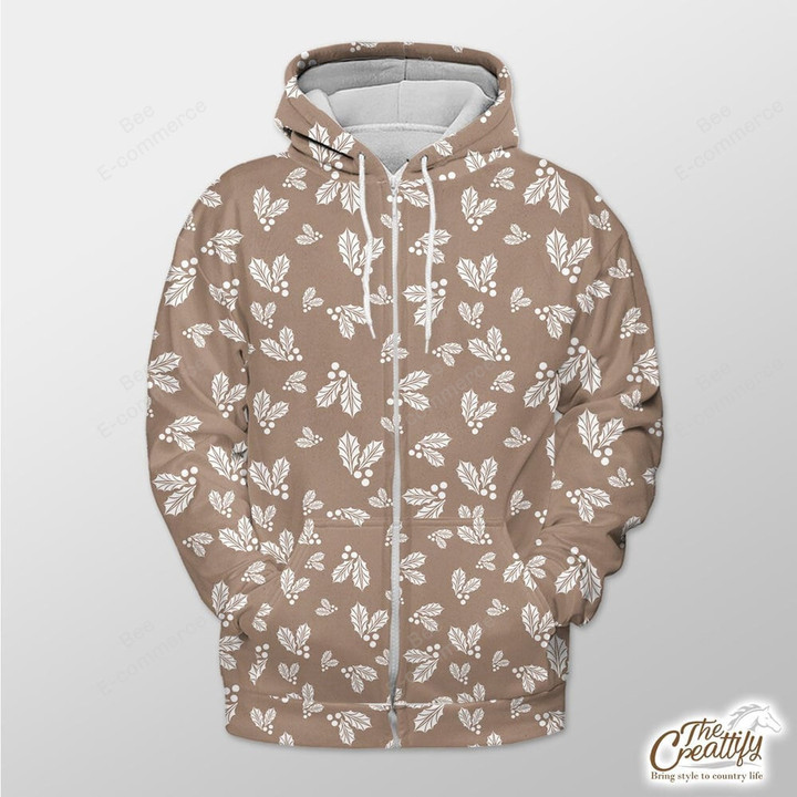 Beige Nude Background With Xmas White Holly Leaf Outerwear Christmas Gift Hoodie Zip Hoodie
