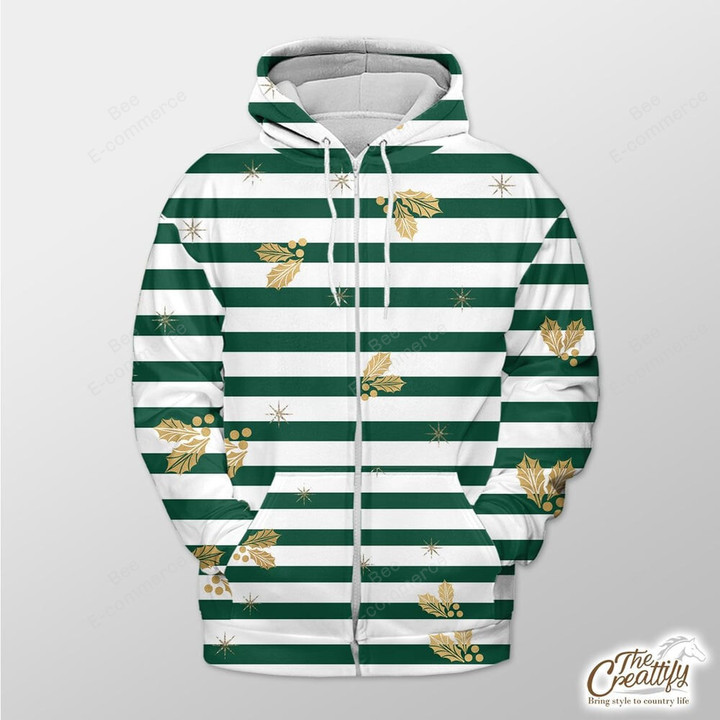 Green And White Stripe With Holly Leaf Outerwear Christmas Gift Hoodie Zip Hoodie