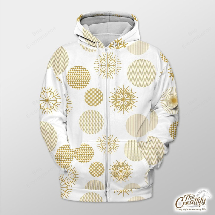 White Background With Gold Snowflake Outerwear Christmas Gift Hoodie Zip Hoodie
