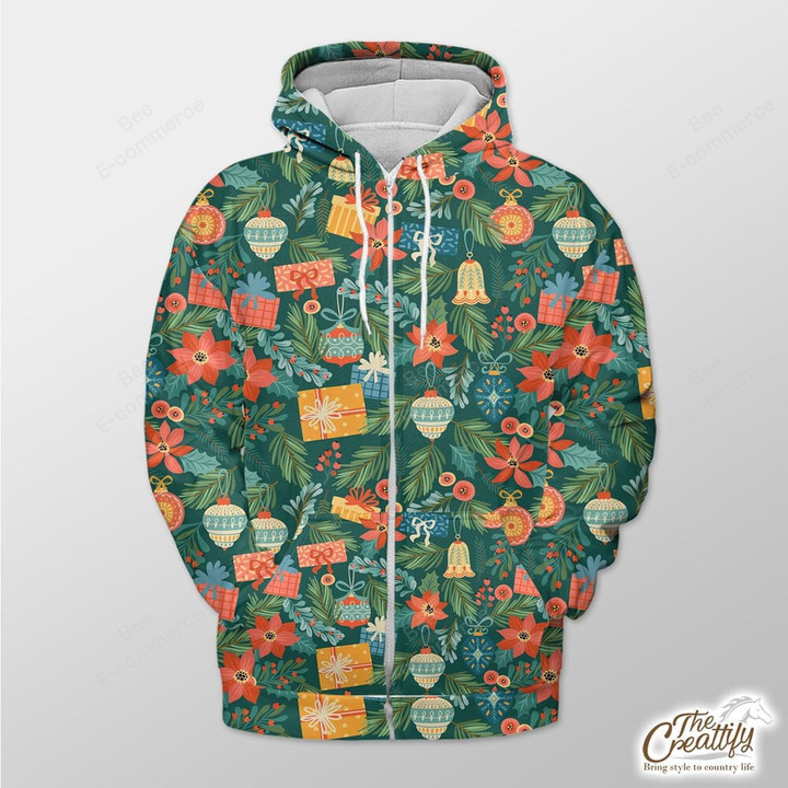 Green Background With Xmas Tree Branch, Ball And Gift Outerwear Christmas Gift Hoodie Zip Hoodie