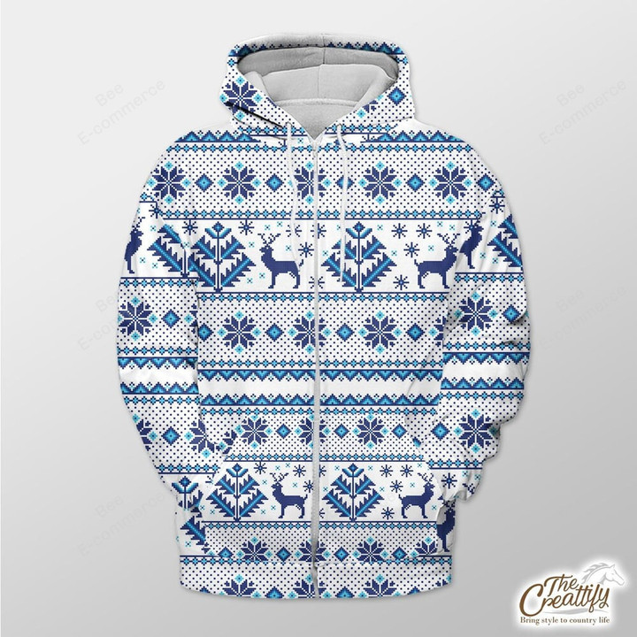 Blue And White Xmas Reindeer And Snowflake Outerwear Christmas Gift Hoodie Zip Hoodie