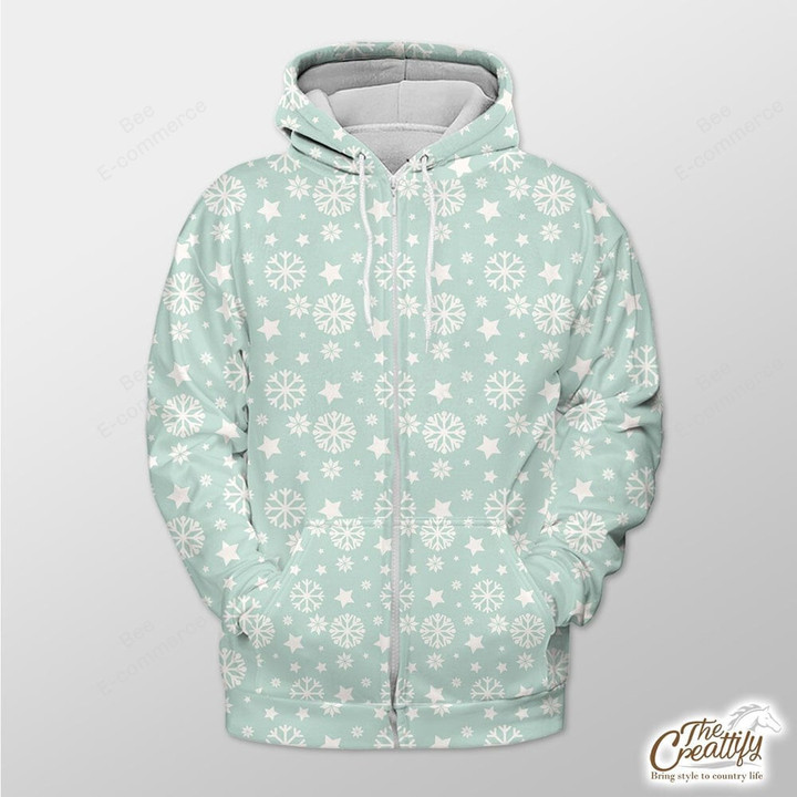 Light Green Snowflake Background With Xmas Stars Outerwear Christmas Gift Hoodie Zip Hoodie