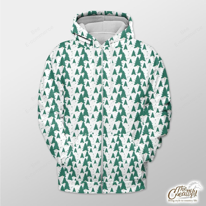 White Background With Green Xmas Tree Outerwear Christmas Gift Hoodie Zip Hoodie