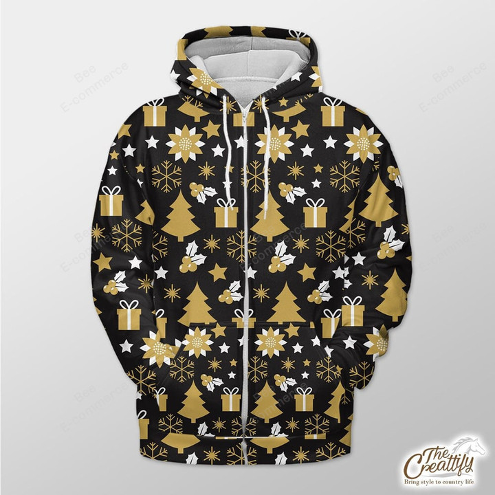Black Background With Gold Xmas Tree, Snowflake And Gift Outerwear Christmas Gift Hoodie Zip Hoodie
