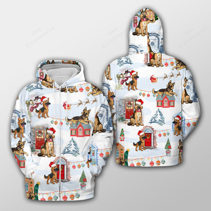 German Shepherd Xmas, Mistletoe Gift And Happy Dog Outerwear Christmas Gift Hoodie Zip Hoodie