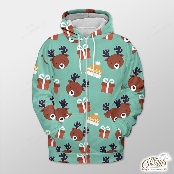 Blue Background With Reindeer, Xmas Gift Outerwear Christmas Gift Hoodie Zip Hoodie