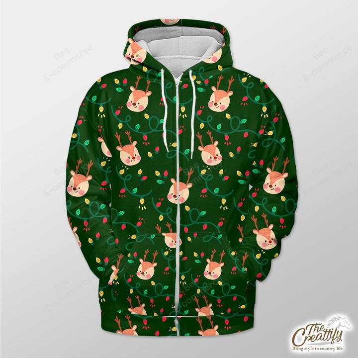 Green Background With Reindeer And Xmas Light Outerwear Christmas Gift Hoodie Zip Hoodie