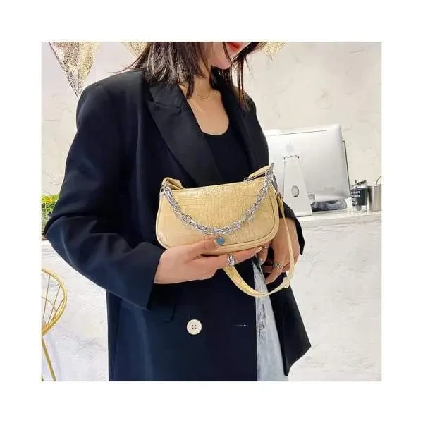 Crocodile Pattern Baguette Bag With Metal Chain Strap | Solid Color Shoulder Handbags With Chain Strap