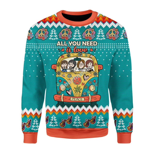 Merry Christmas Gearhomies Unisex Christmas Sweater All You Need Is Love Hippie 3D Apparel
