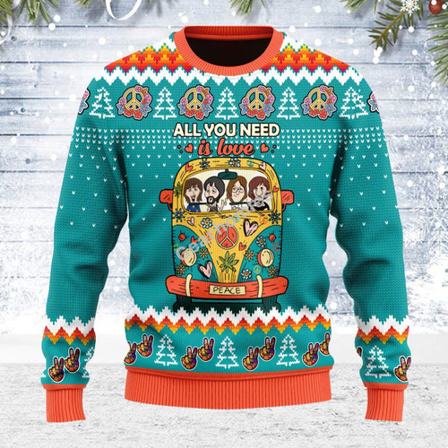 Merry Christmas Gearhomies Unisex Ugly Christmas Sweater All You Need Is Love Hippie 3D Apparel