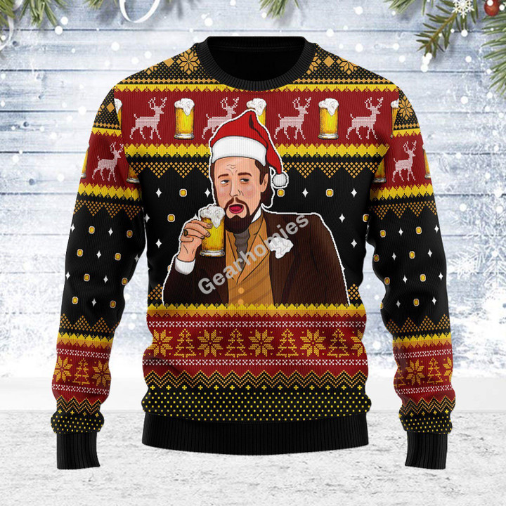Merry Christmas Gearhomies Unisex Ugly Christmas Sweater Leo Laughing Meme Drinking Bear 3D Apparel