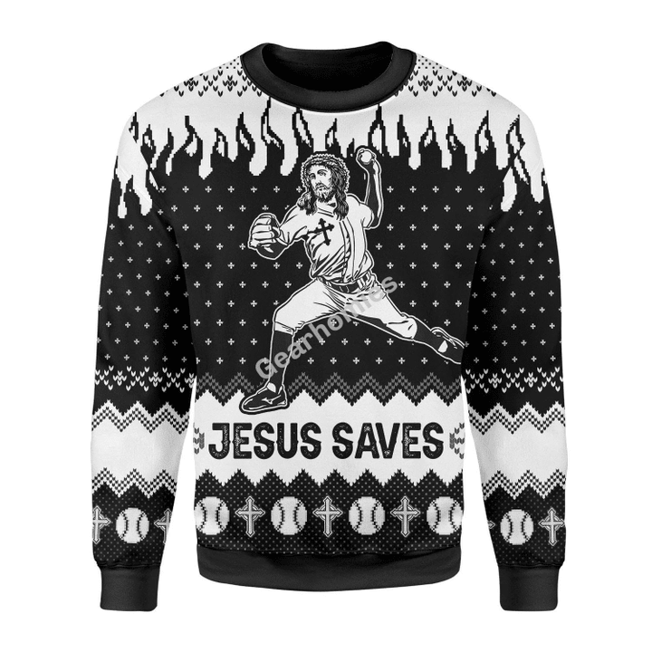 Merry Christmas Gearhomies Unisex Christmas Sweater Jesus Saves Baseball Christmas 3D Apparel