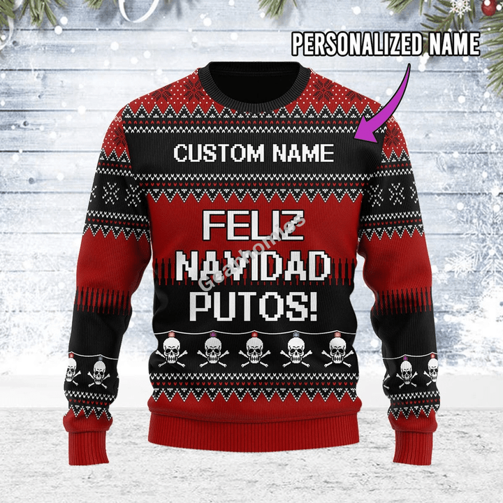 Merry Christmas Gearhomies Unisex Ugly Christmas Sweater Feliz NaviDad Custom Name 3D Apparel