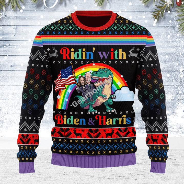 Merry Christmas Gearhomies Unisex Ugly Christmas Sweater Biden And Harris LGBT 3D Apparel