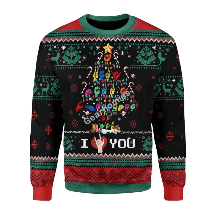 Merry Christmas Gearhomies Unisex Christmas Sweater Christmas Tree Sign Language Ugly Xmas 3D Apparel