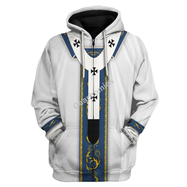 GearHomies Zip Hoodie Pope Francis In Liturgical Vestments Blue Clergy Stole Pattern  3D Apparel