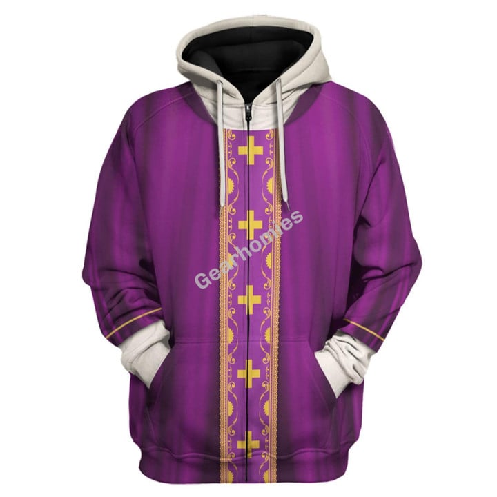 GearHomies Zip Hoodie Pope Francis Liturgical Vestment, Purple 3D Apparel