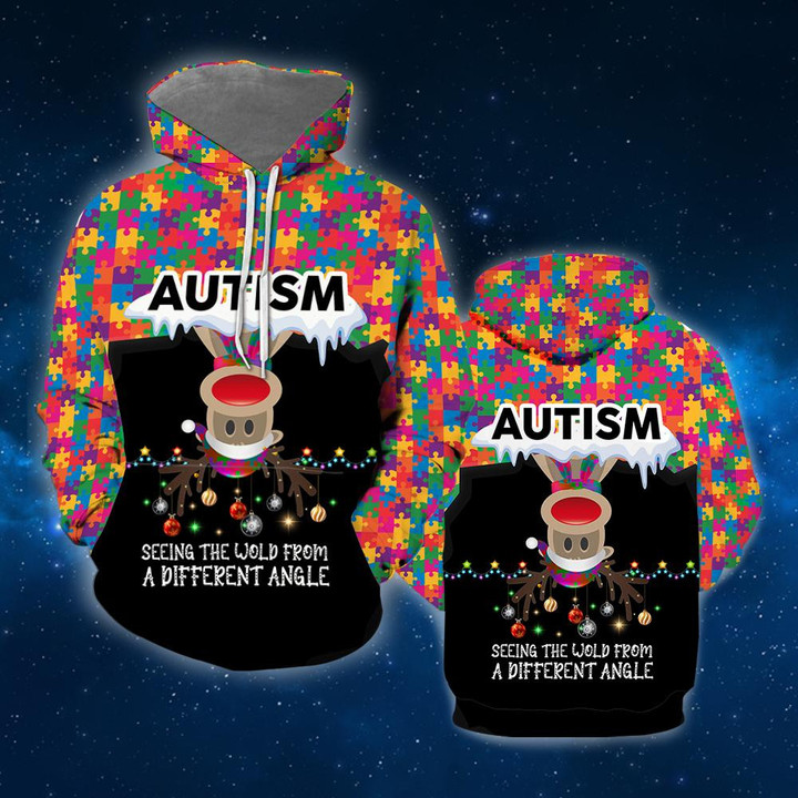 Autism Seeing The World From A Different Angle Reindeer Christmas 3D All Over Print Hoodie Sweatshirt