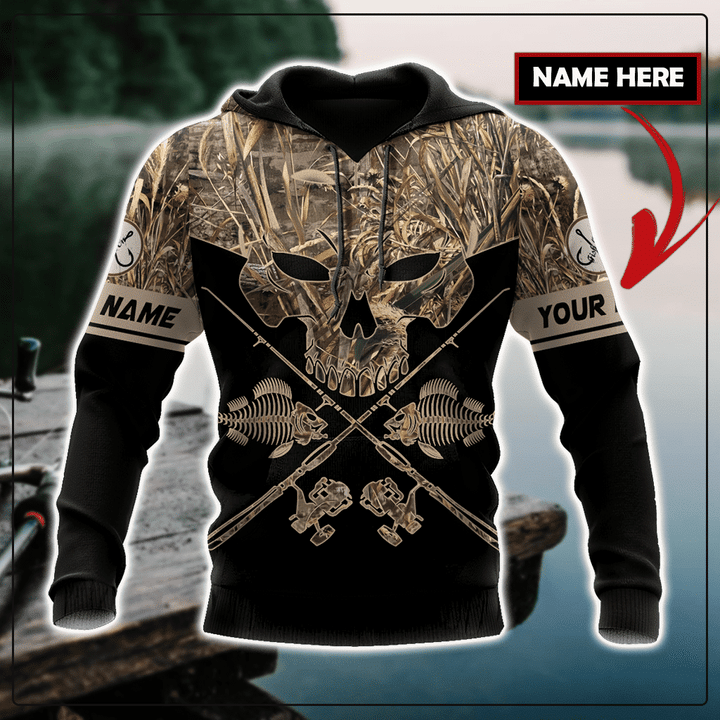 Skull Head Fishing Camo Custom Name 3D All Over Print Hoodie Sweatshirt